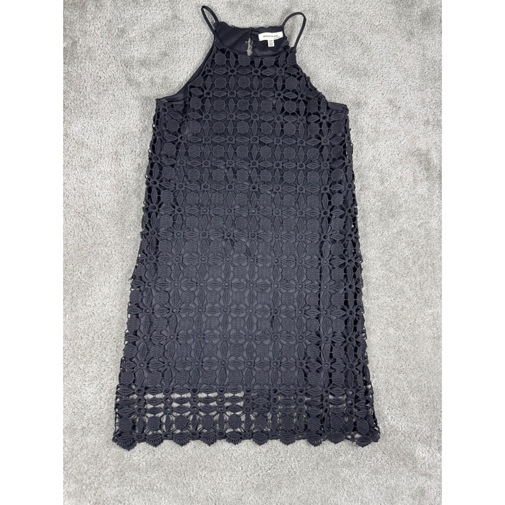 Monteau Los Angeles Black Floral Crochet Lace Halter Shift Dress XS 58267A